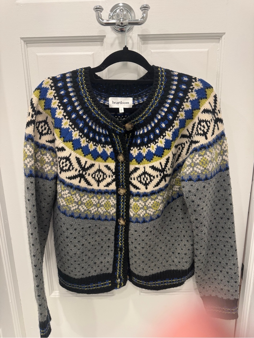 Heartloom Gray Fair Isle Cardigan with Blue and Green Accents
